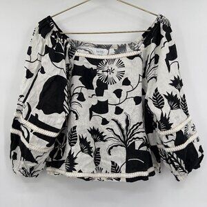 Nicole Miller Ballon Sleeve Cropped Black/White Linen Top/Blouse M